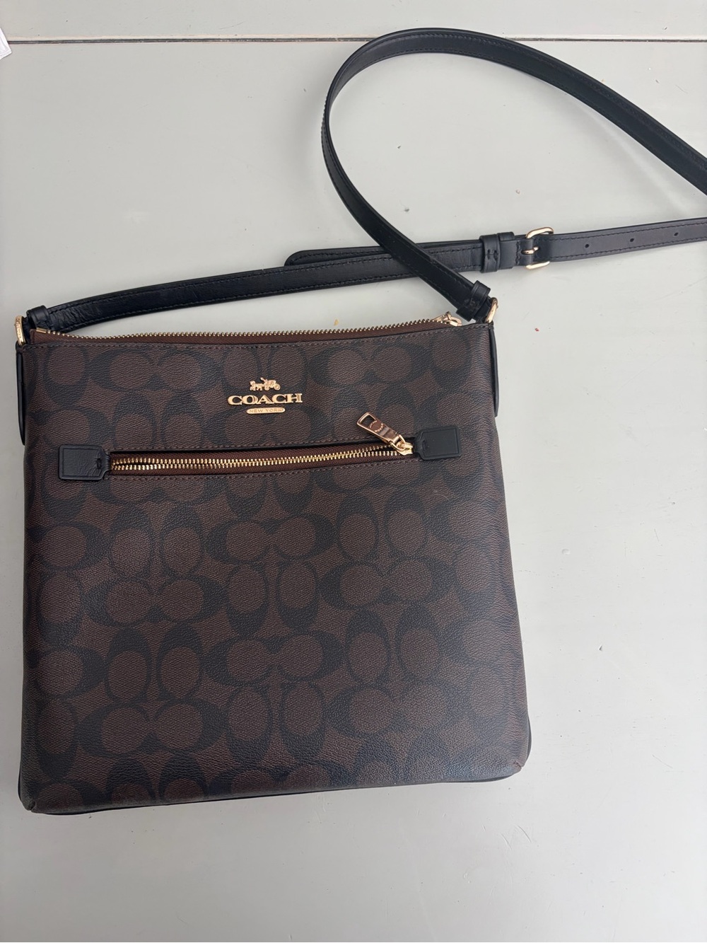 COACH Brown Signature Crossbody with Black Strap and Gold Hardware